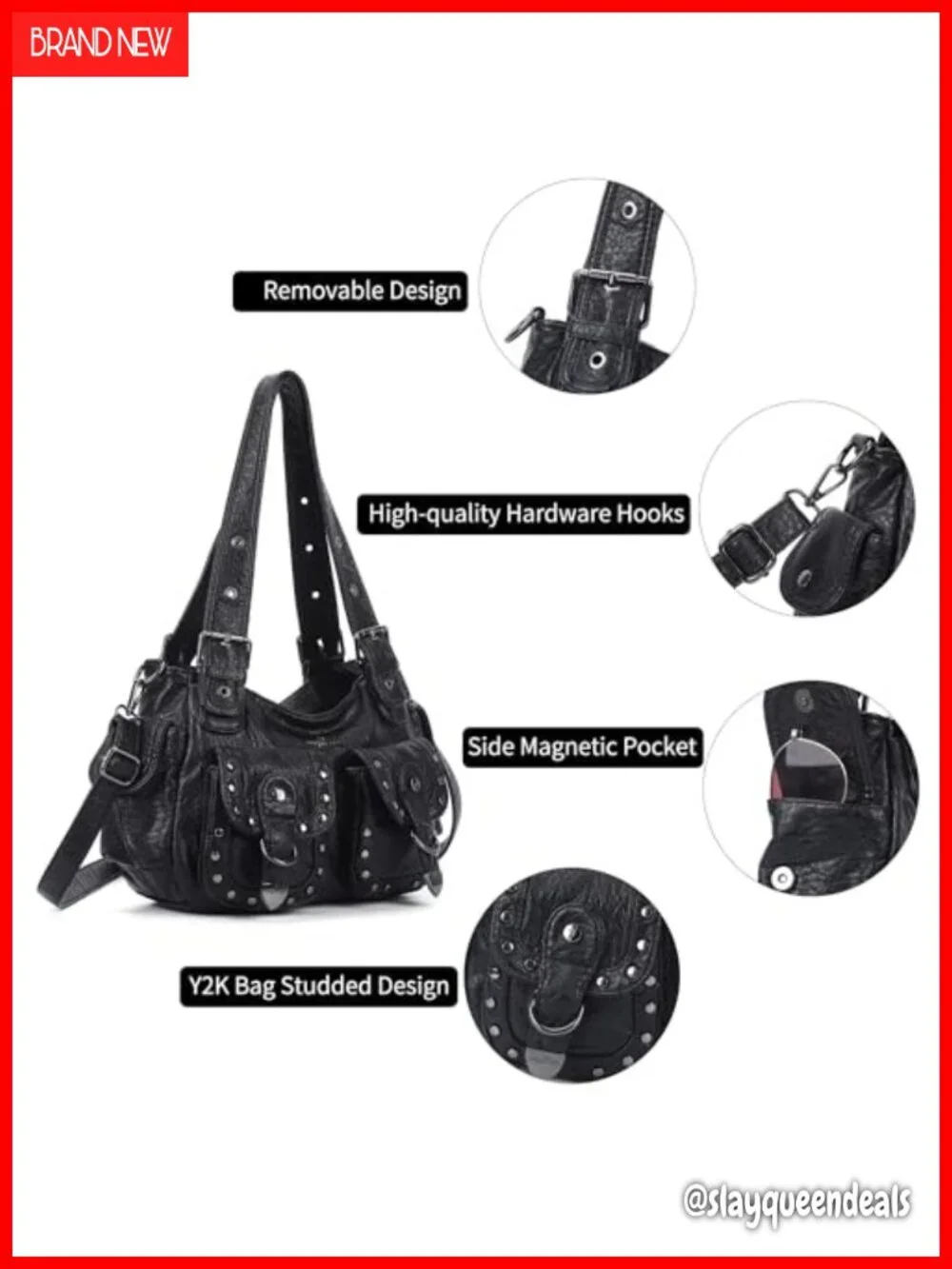 Y2K Hobo Bag Multi Pocket Studded Vegan Leather Shoulder Tote